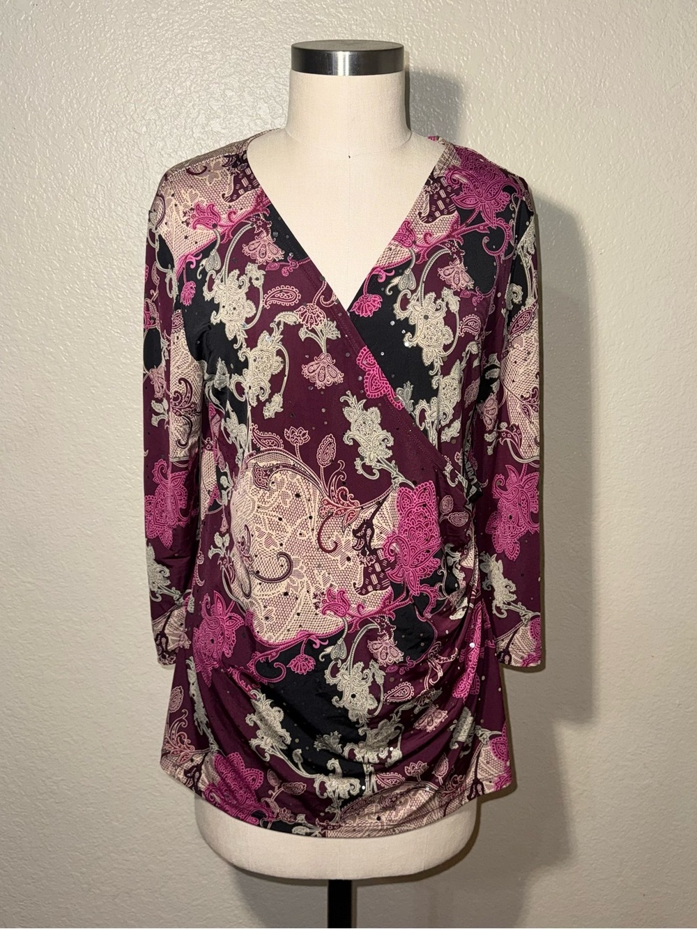 Susan Lawrence Boho Paisley Faux Wrap Ruched Rhinestone Blouse L